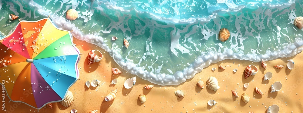 Fototapeta premium Picturesque scene of a vibrant beach umbrella surrounded by serene ocean waves glistening shells and a pristine sandy coastline a perfect summer vacation getaway