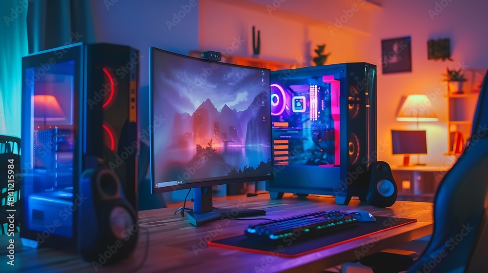 Sleek Minimalist Gaming Setup on Wooden Desk with Clean White Walls, Focal Point on Gaming PC, Soft Daylight Illumination Sleek Minimalist Gaming Setup on Wooden Desk with Clean White Walls, Focal Point on Gaming PC, Soft Daylight Illumination