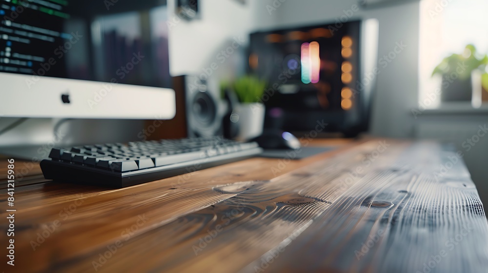 Minimalist Gaming Setup on Wooden Desk with Clean White Walls, Focused on PC with Subtle RGB Lights, Daylight Illumination Minimalist Gaming Setup on Wooden Desk with Clean White Walls, Focused on PC with Subtle RGB Lights, Daylight Illumination