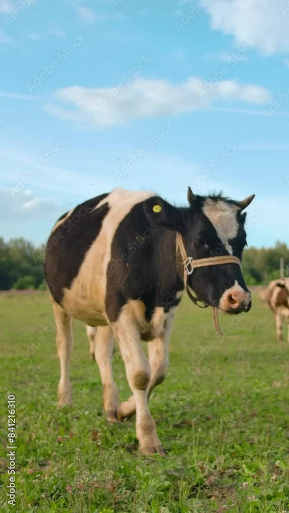 Black and white domestic cow walking on green grass in slow motion while grazing in green field near village Vertical shot. Black and white domestic cow walking on green grass in slow motion while grazing in green field near village Vertical shot.