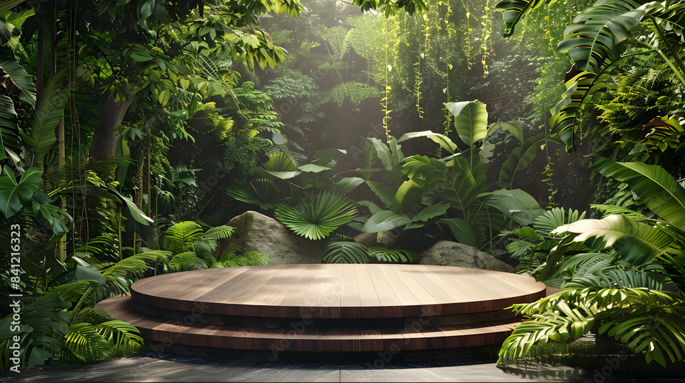 Product presentation with a wooden podium set amidst a lush tropical forest.3d rendering Product presentation with a wooden podium set amidst a lush tropical forest.3d rendering