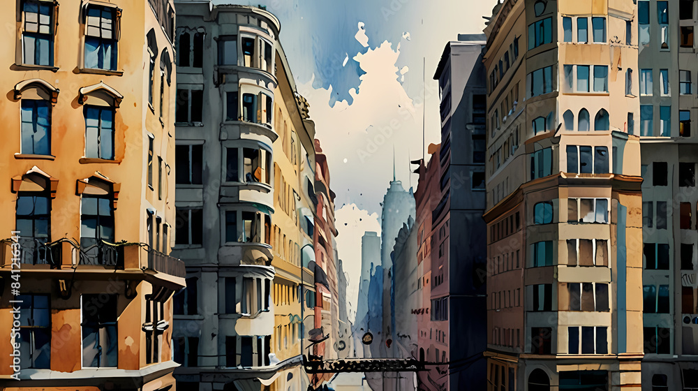 Fototapeta premium City Building Watercolor Painting