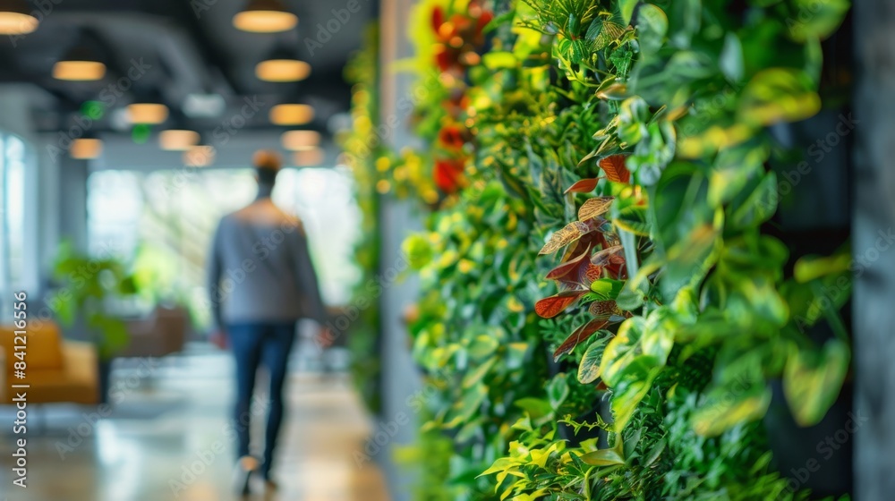 Fototapeta premium A modern, eco-friendly office environment promoting employee health, featuring a lush living green wall, natural light, and ergonomic furniture designed for comfort and productivity.