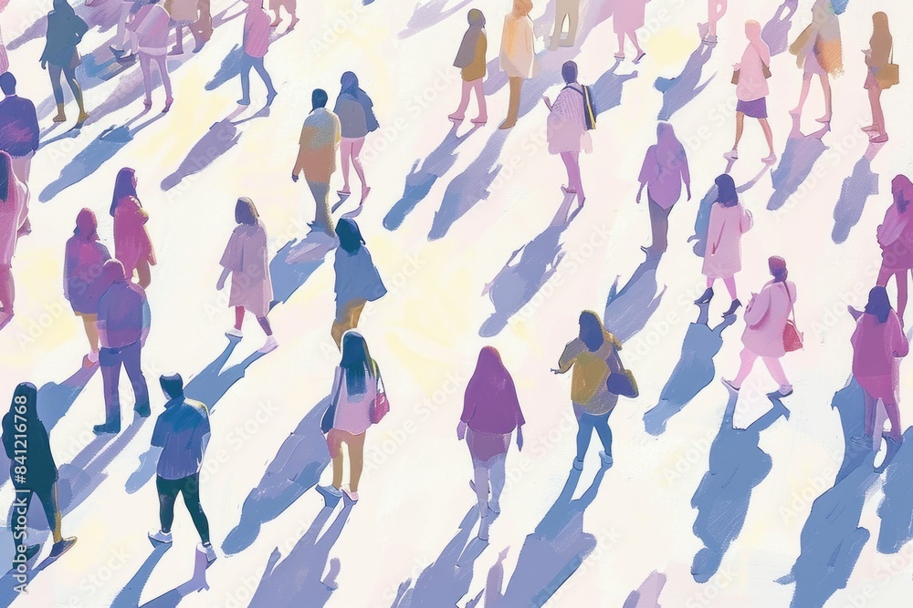 A diverse group of people enjoying a leisurely walk under the sun, casting long shadows on the ground A diverse group of people enjoying a leisurely walk under the sun, casting long shadows on the ground