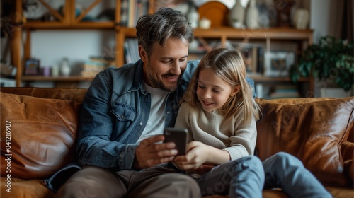 Wallpaper Mural A loving father and son couple watches TV on their mobile phones together on the sofa at home, with their children smiling and having fun indoors by the fireplace. Torontodigital.ca