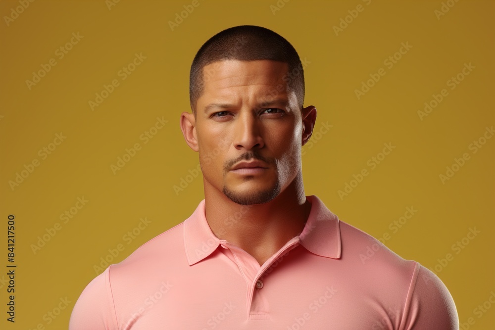 Obraz premium A man with a shaved head and a mustache is wearing a pink shirt