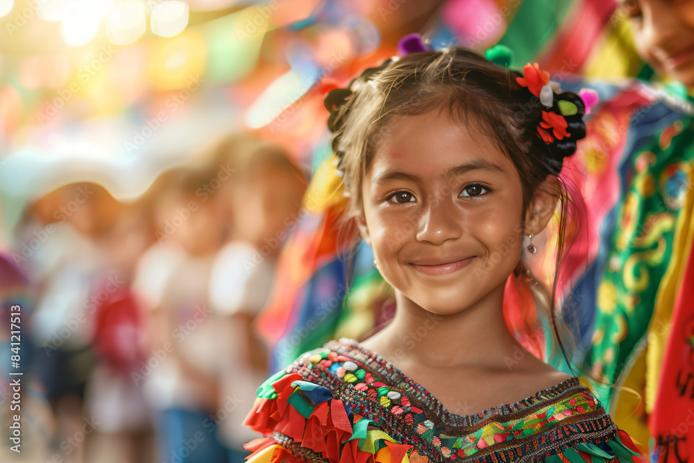 a young girl in a colorful dress smiles at the camera a young girl in a colorful dress smiles at the camera