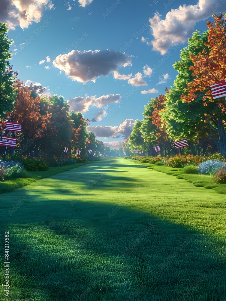 Naklejka premium Beautifully Decorated Patriotic Yard Signs and Banners Celebrating Independence Day Festivities in a Scenic Nature Landscape with Green Grass Trees and Cloudy Sky