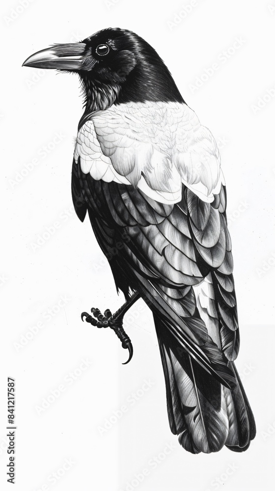 Fototapeta premium A realistic pencil drawing of a hooded crow with white back feathers