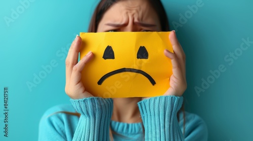 Holding Sadness: Frowning Emoji Amidst Falling Pieces. visual metaphor for emotional turmoil, depicting hands holding a frowning emoji surrounded by falling pieces, symbolizing of feelings.
