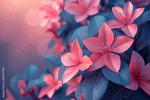 Vibrant Pink Blossoms and Lush Leaves on Mysterious Bokeh Background © Jullia