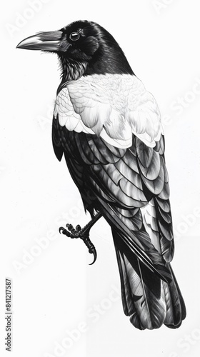 A realistic pencil drawing of a hooded crow with white back feathers photo