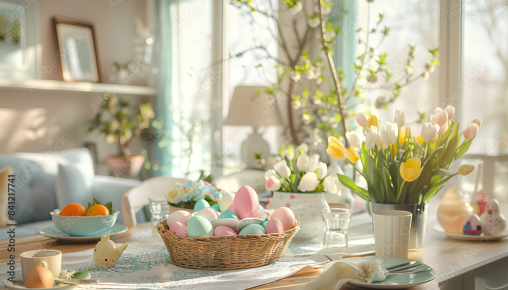 Interior of dining room with table served for Easter celebration Interior of dining room with table served for Easter celebration
