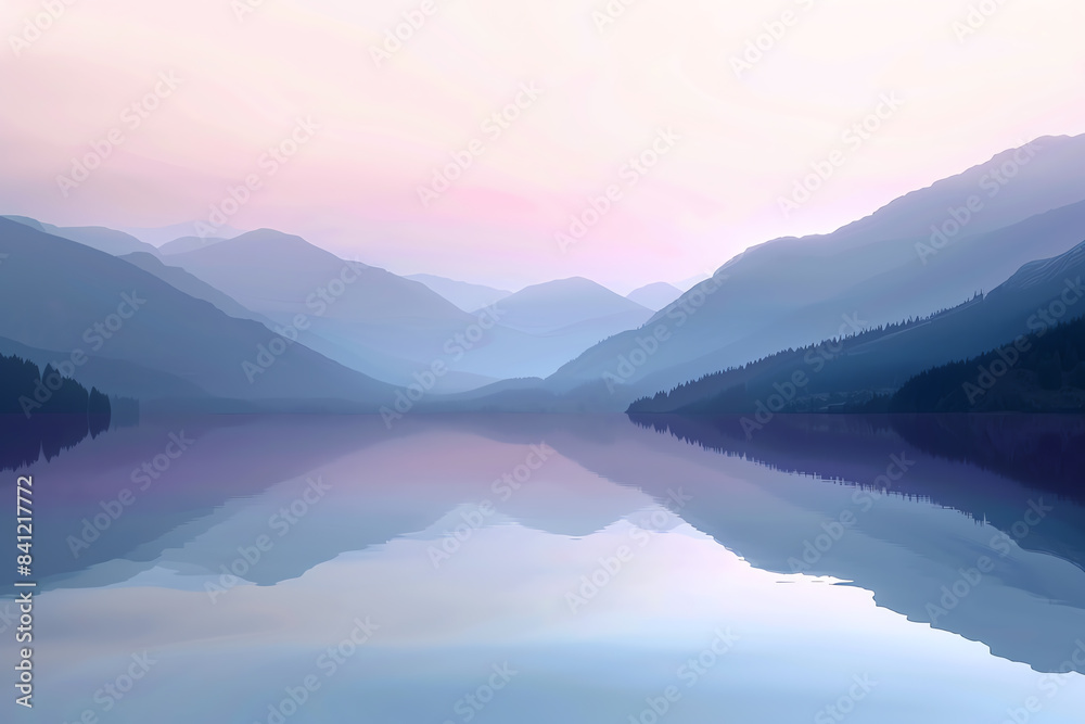 calm mountain lake at dawn flat design side view, peaceful theme, 3D render, Triadic Color Scheme.