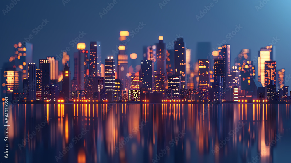 Fototapeta premium city skyline illuminated at night flat design front view, nighttime, 3D render, vivid.