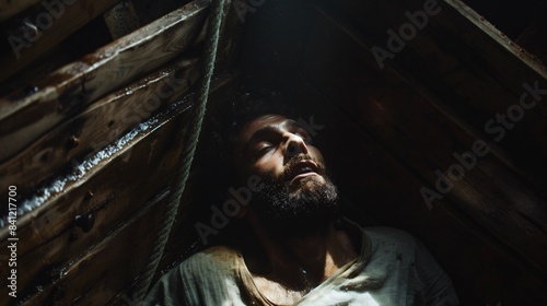 A man with a beard lies down in a cramped space, looking up with hope