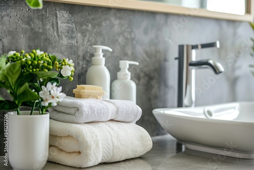 The bathroom features a sink  towels  soap  and flowers for a decorative touch