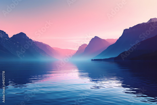 calm mountain lake at dawn flat design side view, peaceful theme, 3D render, Triadic Color Scheme.