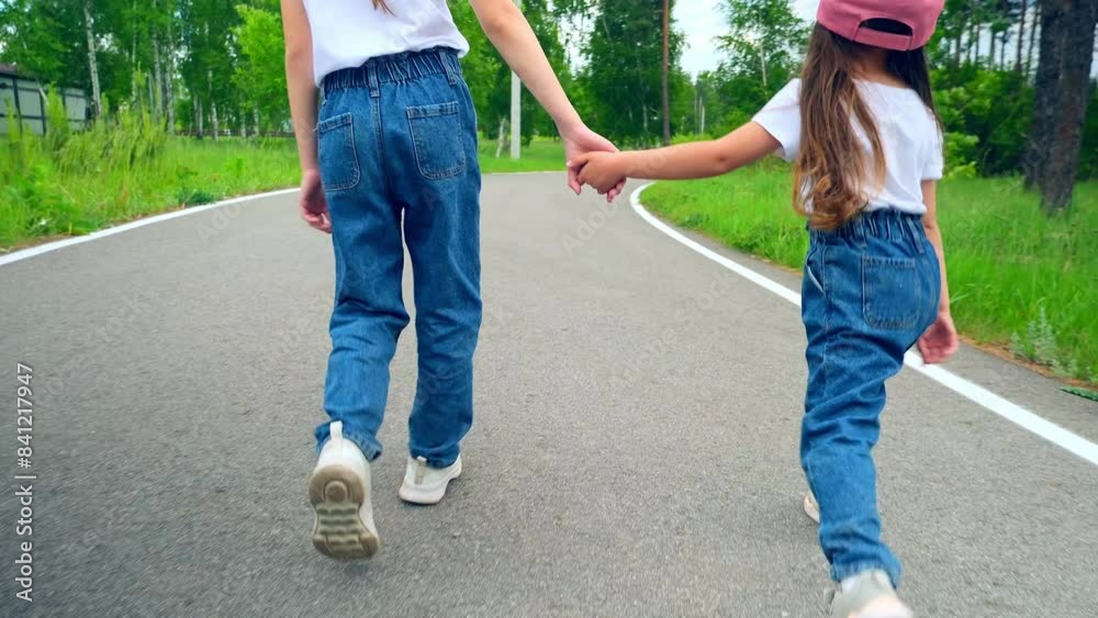 Friendly family walking holding hands in the park in summer. Happy sisters enjoys running on nature forest together on vacation. Friendly family walking holding hands in the park in summer. Happy sisters enjoys running on nature forest together on vacation.