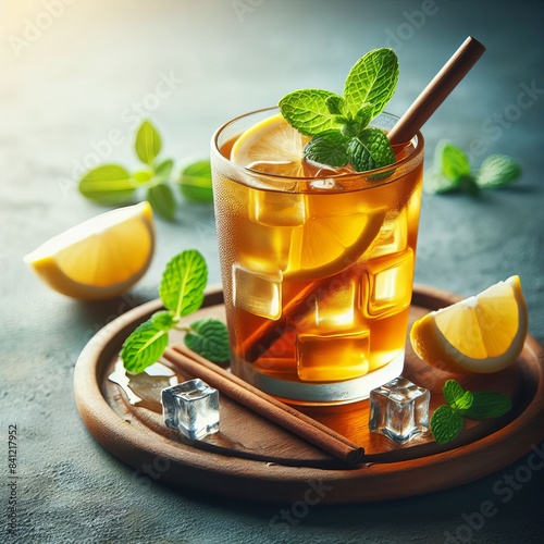A beautifully arranged iced tea in a glass, featuring ice cubes, lemon slices, mint leaves, and a cinnamon stick, all placed on a wooden tray with additional lemon wedges around.. AI Generation photo