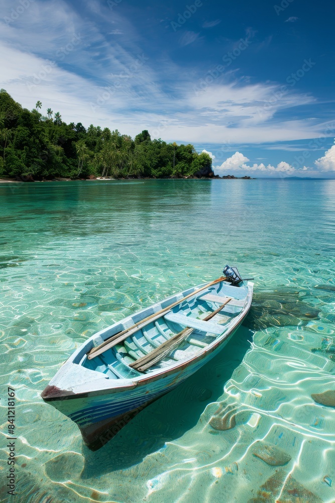 Small boat on crystal clear water near tropical island Small boat on crystal clear water near tropical island
