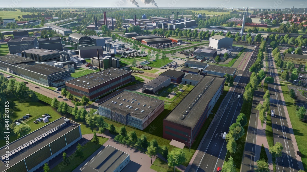 Naklejka premium Develop an aerial view of an industrial area, with factories, warehouses, and infrastructure, illustrating the scale of production and logistics.