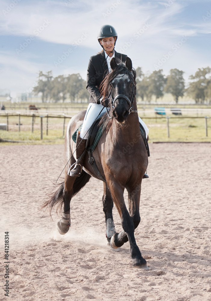 Horse, walking and woman on ranch or farm for fitness, training and sport or competition. Event, animal and female jockey in countryside for course, dressage and performance in arena in Texas Horse, walking and woman on ranch or farm for fitness, training and sport or competition. Event, animal and female jockey in countryside for course, dressage and performance in arena in Texas