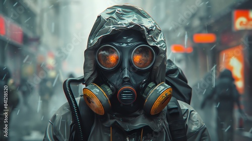 A hooded figure wearing a gas mask stands amidst a blurry city street, rain falling around them. The image evokes a sense of mystery and danger.