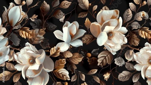 Beautiful Floral Pattern with White Flowers and Leaves  Generative AI