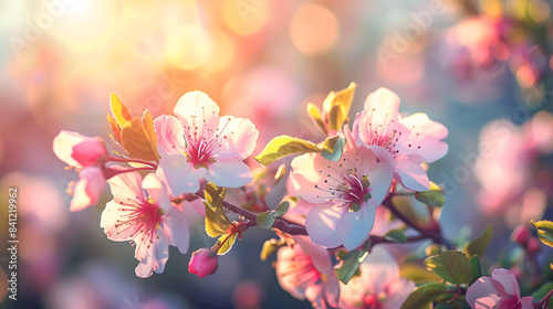 Spring blossom background. Nature scene with blooming tree and sun flare. Spring flowers. Beautiful orchard