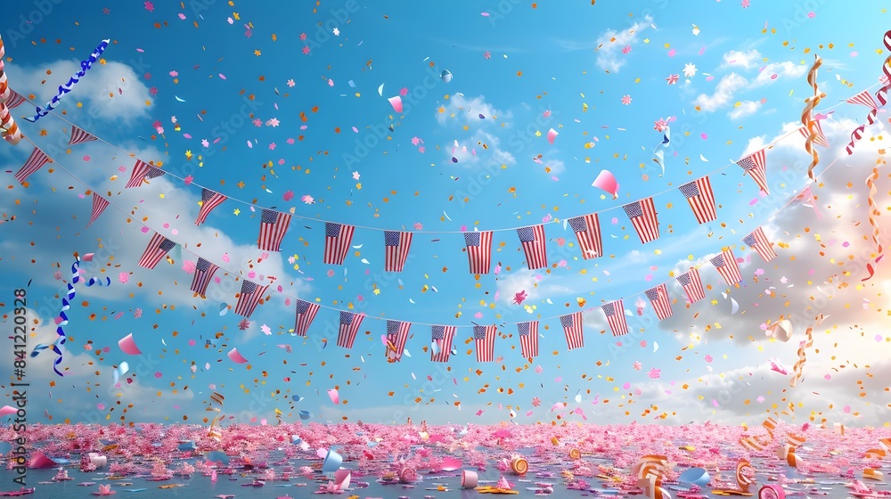 Naklejka premium of patriotic bunting and colorful confetti in traditional American flag colors red white and blue creating a festive celebratory backdrop against a bright cloudy sky