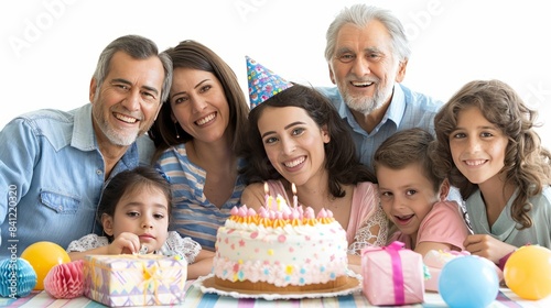A smiling family gathered around a table with a birthday cake, gifts, and decorations, isolated on a white background