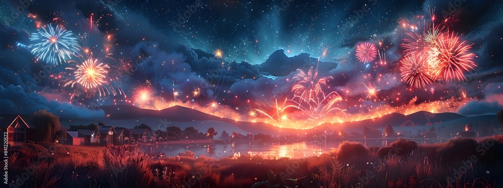 Vibrant Fireworks Display Illuminating the Night Sky Over a Scenic Cityscape with Houses Mountains and a Lake in the Background Vibrant Fireworks Display Illuminating the Night Sky Over a Scenic Cityscape with Houses Mountains and a Lake in the Background