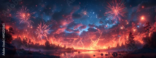 Stunning of a spectacular fireworks display bursting over a tranquil lake surrounded by a dense forest at dusk creating a dramatic and colorful panoramic scene