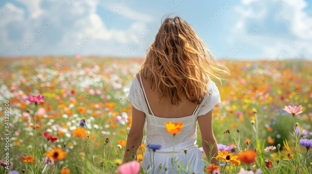Woman with long blonde hair in colorful flower field under blue sky concept nature beauty serenity summer peaceful Woman with long blonde hair in colorful flower field under blue sky concept nature beauty serenity summer peaceful