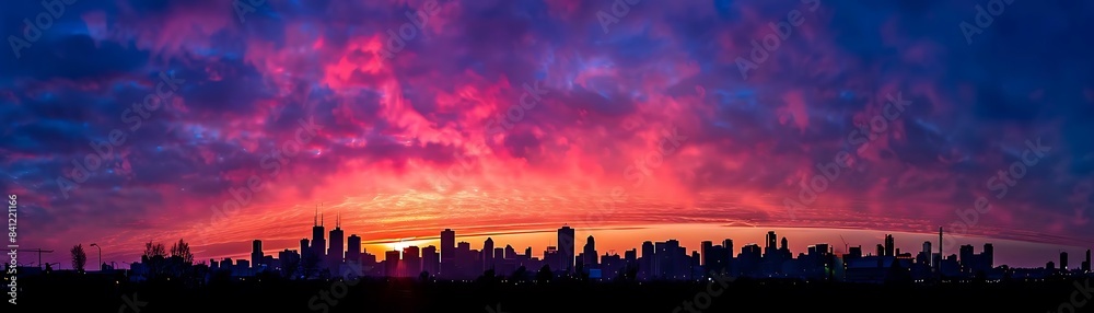 a stunning sunset over a cityscape featuring a towering cityscape and a vibrant red and blue sky