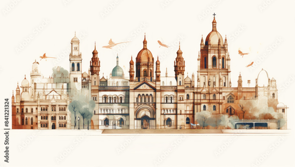 Obraz premium Watercolor splash with hand drawn sketch of Gateway of India Mumbai, India in illustration
