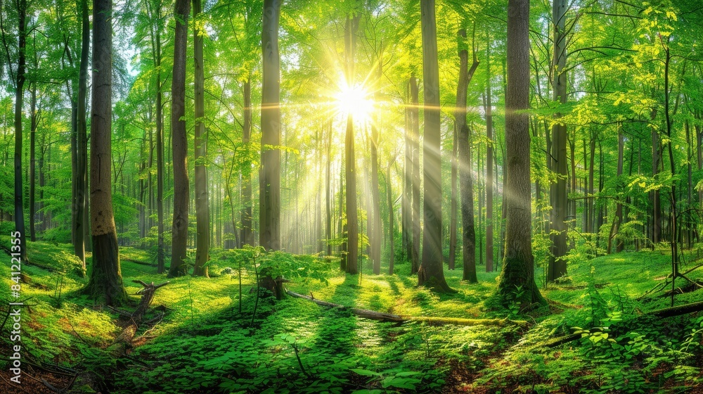 Fototapeta premium A forest with a sun shining through the trees