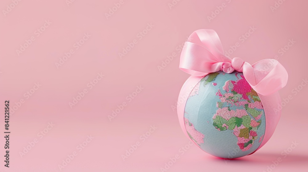 Global Cancer Awareness Concept with Pink Ribbon. A poignant image symbolizing global cancer awareness, featuring a globe wrapped in a delicate pink ribbon against a soft pink background.