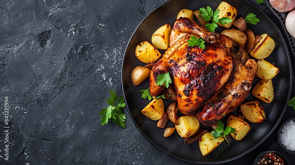 Roasted chicken with potatoes on dark plate Grey background Close up Top view : Generative AI Roasted chicken with potatoes on dark plate Grey background Close up Top view : Generative AI