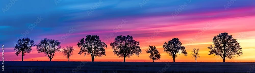 a stunning sunset illuminates a lush forest of tall trees, set against a clear blue sky a stunning sunset illuminates a lush forest of tall trees, set against a clear blue sky