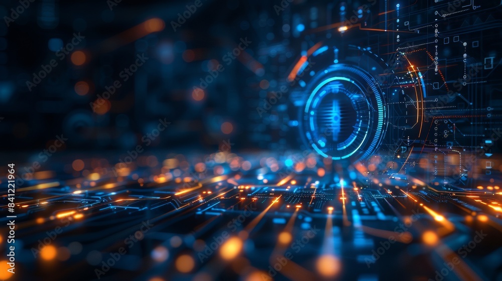 Fototapeta premium Futuristic Blue Technology Network. A high-tech digital visualization of a network with blue light connections, symbolizing advanced technology and data flow.