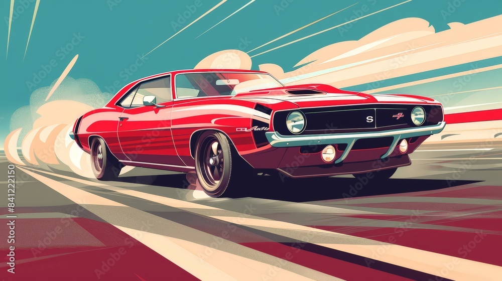 Illustrate a retro muscle car in a drag race, capturing the raw power, loud engines, and excitement of classic American automotive culture. Illustrate a retro muscle car in a drag race, capturing the raw power, loud engines, and excitement of classic American automotive culture.