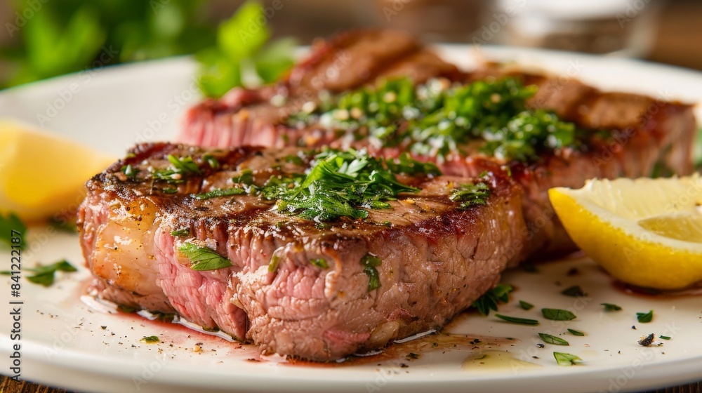 Plated steak with a garnish of fresh herbs and a lemon wedge Plated steak with a garnish of fresh herbs and a lemon wedge