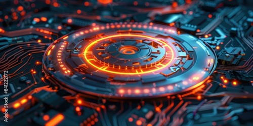 Wallpaper Mural A close-up of futuristic circuitry with glowing orange and blue lights, featuring a central circular element. Torontodigital.ca