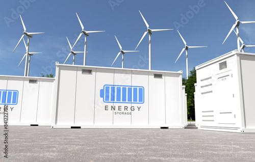 Energy storage systems with wind turbines, Green alternative energy concept. 3D illustration