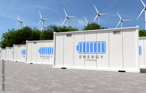 Energy storage systems with wind turbines, Green alternative energy concept. 3D illustration