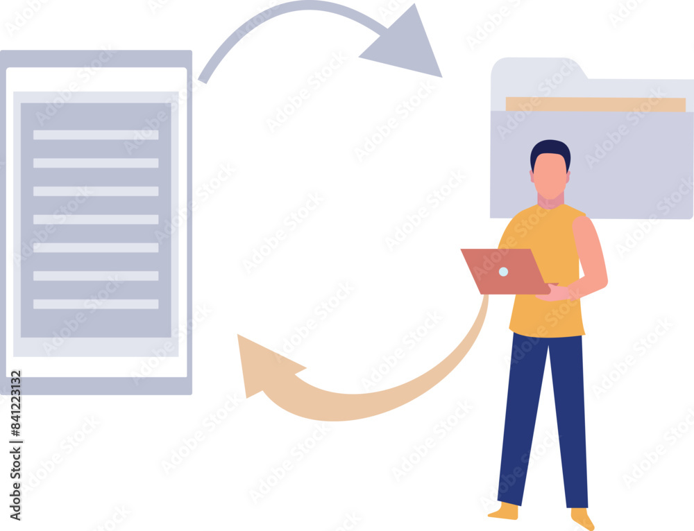 Boy is converting file on mobile to folder on laptop. Boy is converting file on mobile to folder on laptop.
