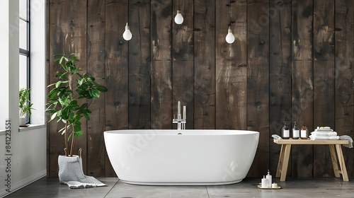 Bathroom interior with white tub and decor near wooden wall   Generative AI