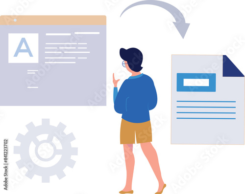Female showing converting data from web page to document.